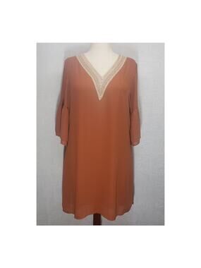 Hotouch Rust Boho Swing Dress L Crochet V-Neck Ruffle Sleeve